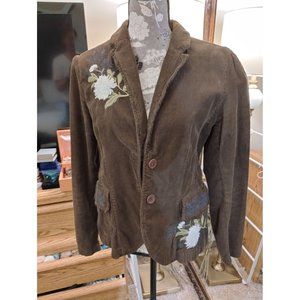 Johnny Was Floral Embroidered Brown Corduroy Blazer